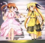  2girls black_bow black_eyes blonde_hair blush bow brown_hair collarbone commentary_request diesel-turbo dress eyebrows_visible_through_hair fate_testarossa flat_chest hair_bow highres holding holding_microphone layered_dress long_hair looking_at_another lyrical_nanoha mahou_shoujo_lyrical_nanoha microphone multiple_girls open_mouth pink_dress red_eyes scrunchie shadow short_hair short_sleeves sidelocks smile takamachi_nanoha twintails white_bow wrist_scrunchie wristband yellow_dress 