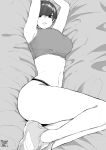  1girl arms_up bed_sheet breasts crop_top greyscale highres large_breasts legs legs_together looking_at_viewer lying midriff monochrome no_pants norman_maggot olive_laurentia on_bed on_side original panties pixie_cut shoes short_hair sneakers solo thighs underwear 