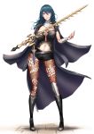  1girl absurdres armor bangs black_armor black_cape black_legwear black_shorts blue_eyes blue_hair blush boots breasts brick_floor byleth_(fire_emblem) byleth_(fire_emblem)_(female) cape cleavage_cutout commentary_request dagger detached_collar emblem eyebrows_visible_through_hair fingernails fire_emblem fire_emblem:_three_houses full_body gauntlets hair_between_eyes highres holding holding_sword holding_weapon large_breasts long_fingernails long_hair looking_at_viewer navel navel_cutout pantyhose parted_lips patterned_clothing red_nails shadow shiroshisu short_shorts shorts shoulder_armor sidelocks simple_background single_knee_pad solo sword sword_of_the_creator weapon white_background wrist_guards 