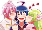  1girl 2boys :d asmodeus_alice blue_hair blush closed_eyes curled_horns demon_tail green_hair heart hug mairimashita!_iruma-kun mimo_(amimo0805) multiple_boys open_mouth pink_hair pointy_ears sharp_teeth simple_background smile suzuki_iruma sweatdrop tail teeth upper_body valac_clara white_background 