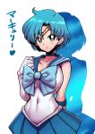  1girl arm_behind_back bishoujo_senshi_sailor_moon blue_bow blue_eyes blue_hair blue_sailor_collar blue_skirt bow breasts choker covered_navel earrings elbow_gloves eyebrows_visible_through_hair gloves highres jewelry large_breasts magical_girl mizuno_ami sailor_collar sailor_mercury sailor_senshi sailor_senshi_uniform short_hair simple_background skin_tight skirt smile solo tiara tsuki_wani white_background white_gloves 