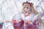  1girl :d bangs bare_tree blonde_hair blue_kimono blurry blurry_background blush depth_of_field earrings elsa_(g557744) ereshkigal_(fate/grand_order) eyebrows_behind_hair fate/grand_order fate_(series) floral_print fur_collar hair_ribbon holding_hands infinity japanese_clothes jewelry kimono long_hair long_sleeves obi open_mouth out_of_frame print_kimono red_eyes red_kimono red_ribbon ribbon sash smile snow snowing solo_focus tiara tree two_side_up upper_teeth very_long_hair wide_sleeves 