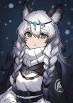  1girl animal_ear_fluff animal_ears arknights bangs belt black_belt black_capelet blue_background blush braid breasts capelet commentary dress eyebrows_visible_through_hair ganesagi grey_eyes hair_between_eyes headpiece highres leopard_ears long_hair looking_at_viewer medium_breasts parted_lips pramanix_(arknights) silver_hair snowflakes solo turtleneck twin_braids upper_body white_dress 