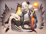  1girl absurdres arknights black_choker blush choker collarbone crossed_legs fire giant_hand highres horns long_hair open_mouth orange_eyes orange_nails platinum_blonde_hair sitting smile solo ssangbong-llama tail thigh_strap tongue twintails 