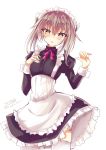  1girl alternate_costume apron black_dress blush brown_eyes brown_hair dress frills headgear highres hizaka kantai_collection long_dress long_sleeves looking_at_viewer maid maid_apron maid_headdress open_mouth simple_background solo taihou_(kantai_collection) thighhighs twitter_username white_legwear 