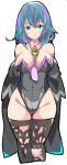  1girl :o absurdres adapted_costume aqua_eyes aqua_hair arms_behind_back ass_visible_through_thighs bangs bare_hips bare_shoulders between_breasts bikini black_leotard blue_hair blush breasts brown_legwear byleth_(fire_emblem) byleth_(fire_emblem)_(female) cleavage collarbone covered_navel cropped_legs enpe fire_emblem fire_emblem:_three_houses highleg highleg_leotard highres jewelry large_breasts leotard long_hair low_neckline multicolored_hair necklace parted_lips purple_hair simple_background solo strapless strapless_bikini swimsuit thigh_gap thighhighs white_background 