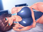  1girl aqua_eyes bangs bed_sheet blush breasts brown_hair clenched_hand collarbone competition_swimsuit courreges_axel eyebrows_visible_through_hair huge_breasts lying monitor natsu_no_owari_no_kokuhaku on_side one-piece_swimsuit open_mouth short_hair solo sweat swimsuit tan tazukichi 