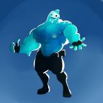  1:1 2019 abs absurd_res big_muscles blue_background blue_body blue_theme boots bottomwear clothed clothing demondragoncyan epic_games fingerless_gloves footwear fortnite gesture gloves goo_creature handwear hi_res huge_muscles humanoid looking_at_viewer male muscular muscular_male navel nipples not_furry pants pecs rippley simple_background smile solo thumbs_up topless video_games 