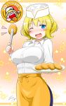  1girl alternate_costume apron blonde_hair blue_eyes blue_skirt breasts colorado_(kantai_collection) commentary_request croquette dress_shirt earth_ekami hat highres kantai_collection large_breasts looking_at_viewer one_eye_closed plate shirt short_hair side_braids skirt solo tongs waist_apron yellow_apron 