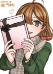  1girl ahoge alternate_costume bobokuboboku box brown_eyes brown_hair brown_scarf character_name commentary_request dated gift gift_box green_coat kantai_collection looking_at_viewer oboro_(kantai_collection) plaid plaid_scarf scarf short_hair smile solo twitter_username 
