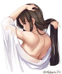  1girl adjusting_hair back black_eyes black_hair blush ebifurya eyebrows_visible_through_hair from_behind highres japanese_clothes kantai_collection kimono long_hair naked_kimono shouhou_(kantai_collection) simple_background solo twitter_username white_background white_kimono 