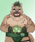  2020 anthro blush canid canine canis clothing domestic_dog fingerless_gloves gloves green_eyes handwear hi_res holding_object humanoid_hands kemono male mammal mohumohudansi nipples scar simple_background slightly_chubby solo sumo tokyo_afterschool_summoners video_games yasuyori 