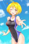  1girl ;d ahoge bangs black_swimsuit blonde_hair blue_sky breasts cloud collarbone competition_swimsuit covered_navel cowboy_shot day eyebrows_visible_through_hair hair_between_eyes highleg highleg_swimsuit highres hugtto!_precure kaatsukun kagayaki_homare looking_at_viewer medium_breasts one-piece_swimsuit one_eye_closed open_mouth outdoors outstretched_arm precure reaching_out shiny shiny_hair shiny_swimsuit short_hair sideboob sky smile solo standing sunlight swimsuit yellow_eyes 