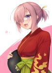  1girl bangs blush breasts commentary_request eyebrows_visible_through_hair eyes_visible_through_hair fate/grand_order fate_(series) glasses hair_over_one_eye hair_ribbon holding japanese_clothes kimono large_breasts looking_at_viewer mash_kyrielight nullken open_mouth pink_hair purple_eyes red_kimono ribbon short_hair smile solo yellow_ribbon 