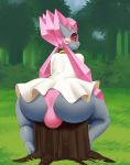  2020 absurd_res anthro balls big_balls big_butt blush bulge butt citrine_(purplebird) clothed clothing crystal curvaceous curvy_figure diamond_(gem) diancie digital_media_(artwork) dress forest gem gem_creature genitals girly hi_res humanoid legendary_pok&eacute;mon looking_at_viewer male manene mega_stone mineral_fauna nervous nintendo outside panties pink_clothing pink_panties pink_underwear pok&eacute;mon pok&eacute;mon_(species) simple_background sitting solo thick_thighs tree tree_trunk underwear video_games voluptuous wide_hips 