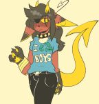  1_eye 2020 bandage black_hair canid canid_demon canine canis caphound clothing demon fur hair hellhound horn invalid_color jackal male mammal red_body red_fur shirt spade_tail t-shirt topwear yellow_eyes yellow_paws yellow_sclera 