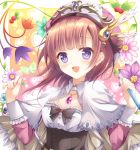  1girl :d atelier_(series) atelier_rorona black_bow blush bow brown_hair bug butterfly capelet flower gradient gradient_background hat heart insect looking_at_viewer open_mouth pink_background purple_eyes rororina_fryxell shizuki_ayame short_hair smile upper_body yellow_background 