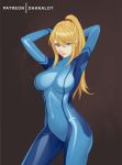  1girl aqua_eyes arms_behind_head arms_up artist_name bangs blue_bodysuit bodysuit breasts brown_background collarbone covered_navel cowboy_shot dakkalot hair_between_eyes large_breasts long_hair looking_at_viewer metroid mole mole_under_mouth parted_lips ponytail samus_aran sidelocks simple_background skin_tight smile solo zero_suit 