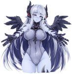  1girl ass_visible_through_thighs bangs barbariank bare_shoulders black_wings blue_skin blush breasts chain commentary covered_navel cowboy_shot cross dark_valkyrie_(monster_girl_encyclopedia) english_commentary eyebrows_visible_through_hair fallen_angel feathered_wings feathers gauntlets groin hair_feathers head_tilt highleg highleg_leotard horns incoming_hug large_breasts leotard long_hair monster_girl_encyclopedia nose_blush outstretched_arms pointy_ears purple_eyes silver_hair simple_background smile solo very_long_hair white_background wings 