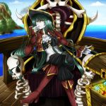  1girl aisha_(neopets) bangs blue_sky boots breasts cloud cloudy_sky coin commentary diamond_(gemstone) english_commentary frown green_hair hair_between_eyes hat high_heels long_hair long_sleeves looking_at_viewer medium_breasts mountain neopets ocean outdoors personification pirate pirate_hat serious ship skull sky throne treasure treasure_chest water watercraft white_skin wooden_floor yakuun yellow_eyes 