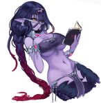  1girl apophis_(monster_girl_encyclopedia) armlet bangs barbariank bare_shoulders bespectacled black_hair black_sclera blush book bracelet braid breasts commentary earrings english_commentary eyebrows_visible_through_hair glasses gradient_hair hair_between_eyes hand_on_own_chest heart holding holding_book jewelry lamia large_breasts long_hair looking_away monster_girl monster_girl_encyclopedia multicolored_hair navel open_book pelvic_curtain pink_hair pointy_ears purple_skin reading rectangular_eyewear scales semi-rimless_eyewear simple_background solo stomach under-rim_eyewear underboob very_long_hair white_background yellow_eyes 