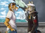  2020 anthro black_stripes blue_eyes brown_hair canid canine canis clothed clothing coyote day detailed_background digital_media_(artwork) english_text felid fur hair hi_res male mammal marjani orange_body orange_fur outside pantherine sky striped_body striped_fur stripes text tiger 