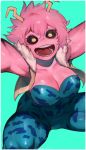  1girl absurdres arms_up ashido_mina black_sclera boku_no_hero_academia border breasts cleavage collarbone crazy_eyes densen_(itoguchi) fur_collar green_background hair_between_eyes highres looking_at_viewer medium_breasts messy_hair open_clothes open_mouth open_vest outstretched_arms pink_hair pink_skin short_hair simple_background skin_tight smile solo spread_legs squatting strapless unitard vest wide-eyed yellow_eyes 