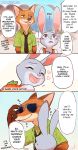  ?! alternate_version_at_source anthro blush burnrice8 canid canine comic dialogue disney edit english_text fox fur grey_body grey_fur hard_translated judy_hopps lagomorph leporid mammal nick_wilde orange_body orange_fur outside purple_eyes rabbit red_fox speech_bubble text translated zootopia 