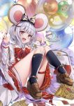  1girl absurdres animal_ears blush bow eyebrows_visible_through_hair granblue_fantasy highres hyouta_(yoneya) long_sleeves looking_at_viewer mouse mouse_ears navy_blue_legwear open_mouth panties red_eyes short_hair silver_hair socks solo underwear vikala_(granblue_fantasy) white_panties 