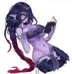  1girl apophis_(monster_girl_encyclopedia) armlet bangs barbariank bare_shoulders black_hair black_sclera blush book bracelet braid breasts commentary earrings english_commentary eyebrows_visible_through_hair gradient_hair hair_between_eyes hand_on_own_chest heart holding holding_book jewelry lamia large_breasts long_hair looking_away monster_girl monster_girl_encyclopedia multicolored_hair navel open_book pelvic_curtain pink_hair pointy_ears purple_skin reading scales simple_background solo stomach underboob very_long_hair white_background yellow_eyes 