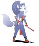  2019 anthro blue_body blue_eyes blue_fur breasts butt canid canine cheek_tuft cosplay crossover crossover_cosplay facial_tuft fatal_fury female fox fur hi_res holding_object invalid_tag krystal looking_at_viewer mai_shiranui mammal nintendo scottytheman simple_background solo standing star_fox tuft video_games white_background 