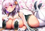  1girl :o azur_lane bangs blush braid breast_curtains breasts cherry_blossoms china_dress chinese_clothes crossed_ankles denchu_(kazudentyu) dress garter_straps gloves hair_between_eyes hair_ornament high_heels highres large_breasts lavender_hair looking_at_viewer lying on_stomach pelvic_curtain purple_eyes revealing_clothes short_hair sirius_(azur_lane) sirius_(azure_horizons)_(azur_lane) solo thighhighs thighs white_gloves white_legwear 