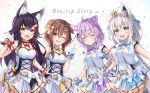  4girls :d ;d ^_^ animal_ear_fluff animal_ears bare_shoulders black_hair blue_bow blush bone_hair_ornament bow braid breasts brown_eyes brown_hair cartoon_bone cat_ears cat_girl cat_tail cleavage closed_eyes commentary_request crown dog_tail facing_viewer fang fox_ears fox_girl fox_tail gloves grin hair_over_shoulder hand_up highres hololive inugami_korone long_hair looking_at_viewer matching_outfit medium_breasts mini_crown multicolored_hair multiple_girls namekuji_ojiichan nekomata_okayu one_eye_closed ookami_mio open_mouth pleated_skirt purple_bow purple_hair red_bow red_hair shirakami_fubuki shirt silver_hair skirt smile streaked_hair striped striped_bow tail twin_braids v very_long_hair virtual_youtuber white_background white_gloves white_shirt white_skirt wolf_ears yellow_bow 