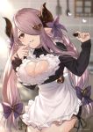  1girl alternate_costume apron artist_name blue_eyes blush bow breasts candy chocolate chocolate_heart cleavage cleavage_cutout commentary_request dated draph enmaided food granblue_fantasy hair_bow hair_over_one_eye heart heart_cutout highres horns kiri_ph large_breasts long_hair long_sleeves looking_at_viewer maid narmaya_(granblue_fantasy) pointy_ears purple_bow purple_hair smile solo twintails twitter_username white_apron 