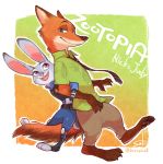  2016 anthro barefoot border bottomwear burnrice8 canid canine clothed clothing disney duo english_text fox fully_clothed fur grey_body grey_fur judy_hopps mammal necktie nick_wilde open_mouth open_smile orange_body orange_fur pants pink_nose purple_eyes red_fox shirt smile text topwear white_border zootopia 