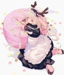 1girl animal_ears antlers apron arm_rest black_dress blonde_hair closed_eyes commentary_request doughnut dress eating food furry highres hooves kishibe long_hair macaron maid maid_headdress original paws reindeer_antlers reindeer_ears reindeer_tail simple_background sitting solo tail white_apron white_background 
