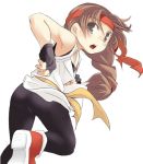  1girl ass blush braid brown_eyes brown_hair commentary_request cyurin dougi fingerless_gloves gloves headband long_hair looking_at_viewer shoes simple_background single_braid sneakers solo spandex the_king_of_fighters very_long_hair white_background yuri_sakazaki 