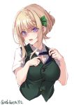  1girl blonde_hair blue_neckwear braid braided_bangs braided_bun breasts button_gap buttons cropped_torso ebifurya gesugao green_vest hair_ribbon highres kantai_collection large_breasts lavender_eyes necktie open_mouth perth_(kantai_collection) ribbon shaded_face shirt_pull short_sleeves sidelocks upper_body vest 