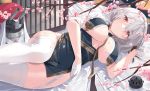  1girl azur_lane blush breast_curtains breasts censer cherry_blossoms china_dress chinese_clothes dress garter_straps gloves grey_dress half_gloves large_breasts looking_at_viewer lying monyu_(monyupop) neckwear_between_breasts on_side open_mouth pelvic_curtain red_eyes revealing_clothes short_hair sirius_(azur_lane) sirius_(azure_horizons)_(azur_lane) solo thighhighs thighs tree_branch turret underboob white_gloves white_hair white_legwear 