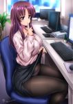  1girl bangs black_skirt breasts cactus chair cleavage covered_nipples dated eyebrows_visible_through_hair finger_to_mouth impossible_clothes impossible_shirt kamogawa_tanuki keyboard_(computer) large_breasts lifted_by_self long_hair long_sleeves monitor mouse_(computer) office office_chair office_lady original panties panties_under_pantyhose pantyhose parted_bangs phone plant potted_plant purple_eyes purple_hair shiny shiny_hair shirt shushing signature sitting skirt skirt_lift solo thighband_pantyhose twitter_username underwear window 