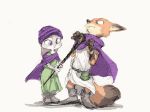  2019 anthro bodily_fluids canid canine cape clothed clothing disney duo fox fully_clothed fur grey_body grey_fur holding_object inktober judy_hopps lagomorph leporid mammal orange_body orange_fur pnoll rabbit red_fox simple_background staff standing sweat sweatdrop white_background zootopia 