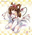  1girl alternate_costume animal_ears baretto_(firearms_1) blush bow breasts brown_hair closed_mouth japanese_clothes kantai_collection kimono long_hair obi pink_bow ryuujou_(kantai_collection) sash sitting skirt small_breasts smile solo tail thighhighs twintails white_legwear white_skirt 
