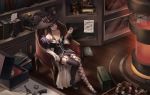  brown_hair dungeon_and_fighter gun hat kie_(wylee2212) long_hair skirt stockings weapon witch_hat 