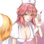  1girl absurdres animal_ear_fluff animal_ears breasts cleavage collarbone commentary commentary_request fang fate/extra fate/grand_order fate_(series) fox_ears fox_girl fox_tail gradient gradient_background hat highres holding holding_syringe kamehito large_breasts long_hair looking_at_viewer nurse nurse_cap open_mouth pink_hair red_cross short_sleeves solo syringe tail tamamo_(fate)_(all) tamamo_no_mae_(fate) very_long_hair yellow_eyes 
