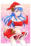  1girl ;d bangs blue_eyes blue_hair blush breasts cleavage cowboy_shot eyebrows_visible_through_hair floating_hair fur-trimmed_hat fur-trimmed_skirt garter_straps hat highres hugtto!_precure kaatsukun long_hair looking_at_viewer medium_breasts midriff miniskirt navel off_shoulder one_eye_closed open_mouth outstretched_hand pleated_skirt precure red_headwear red_skirt santa_costume santa_hat shiny shiny_hair skirt smile snowflakes solo standing stomach thighhighs white_legwear yakushiji_saaya zettai_ryouiki 