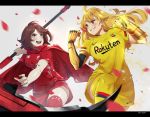  2girls blonde_hair crescent_rose ember_celica_(rwby) gauntlets lulu-chan92 mechanical_arm multiple_girls prosthesis prosthetic_arm red_eyes red_hair ruby_rose rwby scythe shorts siblings silver_eyes sisters soccer_uniform sportswear thighhighs yang_xiao_long 