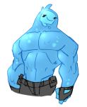  2019 big_muscles blue_body bottomwear cartoonjunkie clothed clothing epic_games fingerless_gloves fortnite gloves goo_creature handwear hi_res humanoid looking_at_viewer male muscular muscular_male not_furry pants pecs rippley simple_background smile smirk solo standing topless video_games white_background 