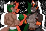  abs canid canine canis clothed clothing duo fight fur gloves handwear headgear headwear hi_res inner_ear_fluff male mammal multicolored_body multicolored_fur muscular simple_background sport tinydevilhorns tuft wolf 