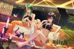 2girls animal arknights bar_stool bare_arms bare_shoulders bent_over bikini black_bikini blue_hair breasts candle candlestand cat ch&#039;en_(arknights) cleavage commentary_request couch cup drinking_glass feet grand_piano green_hair highres holding holding_cup horn horns hoshiguma_(arknights) indoors instrument large_breasts looking_at_another moon_(1634142372) multi-strapped_bikini multiple_girls navel piano pillow red_eyes side-tie_bikini smile stomach stool swimsuit tattoo thighs toenail_polish v-shaped_eyebrows watermark 