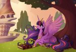  2018 badday28 book canterlot crown equid feathered_wings feathers female feral friendship_is_magic hi_res horn jewelry mammal my_little_pony necklace outside smile solo tree twilight_sparkle_(mlp) winged_unicorn wings 